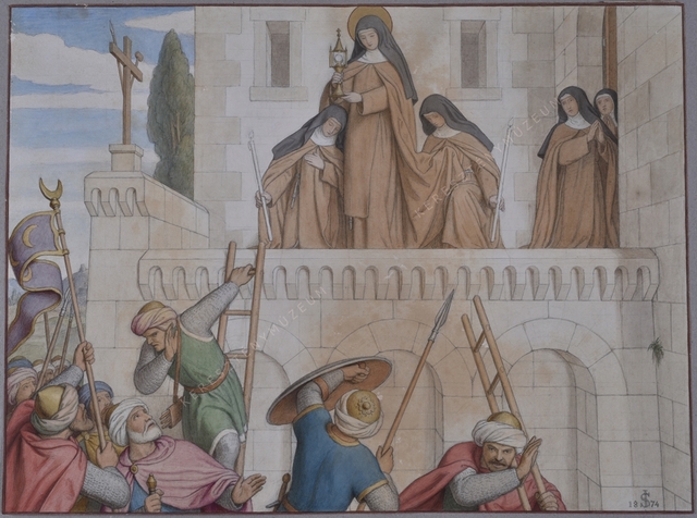 Assisi Szent Klára (1194-1253) az Oltáriszentség segítségével űzi el a hitetleneket