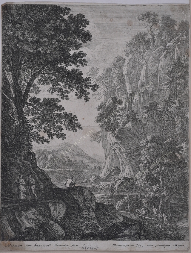 Sziklafal vízeséssel és sétálókkal