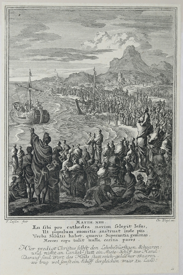 Jézus bárkából tanítja a parton ülő népet