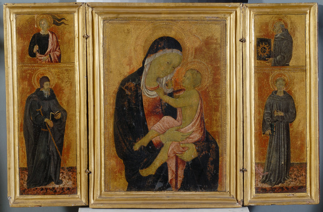 Mária Gyermekével, Szent Ansanus, Remete Szent Antal, Sienai Szent Bernardin és Assisi Szent Ferenc