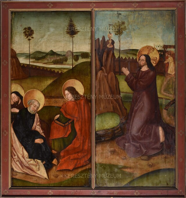 Álló szenteket ábrázoló dombormű lenyomata, a hátoldalon Krisztus az Olajfák hegyén