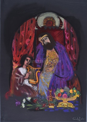 Dávid énekel és hárfázik Saulnak...